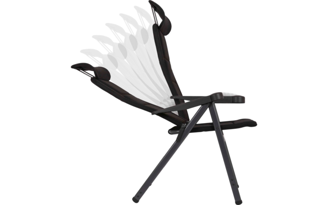 Schwarzer Klappstuhl mit gepolstertem Sitz und Rücken, Kopfstütze, Armlehnen und Metallgestell; Rückenlehne in mehreren überlagerten Positionen dargestellt