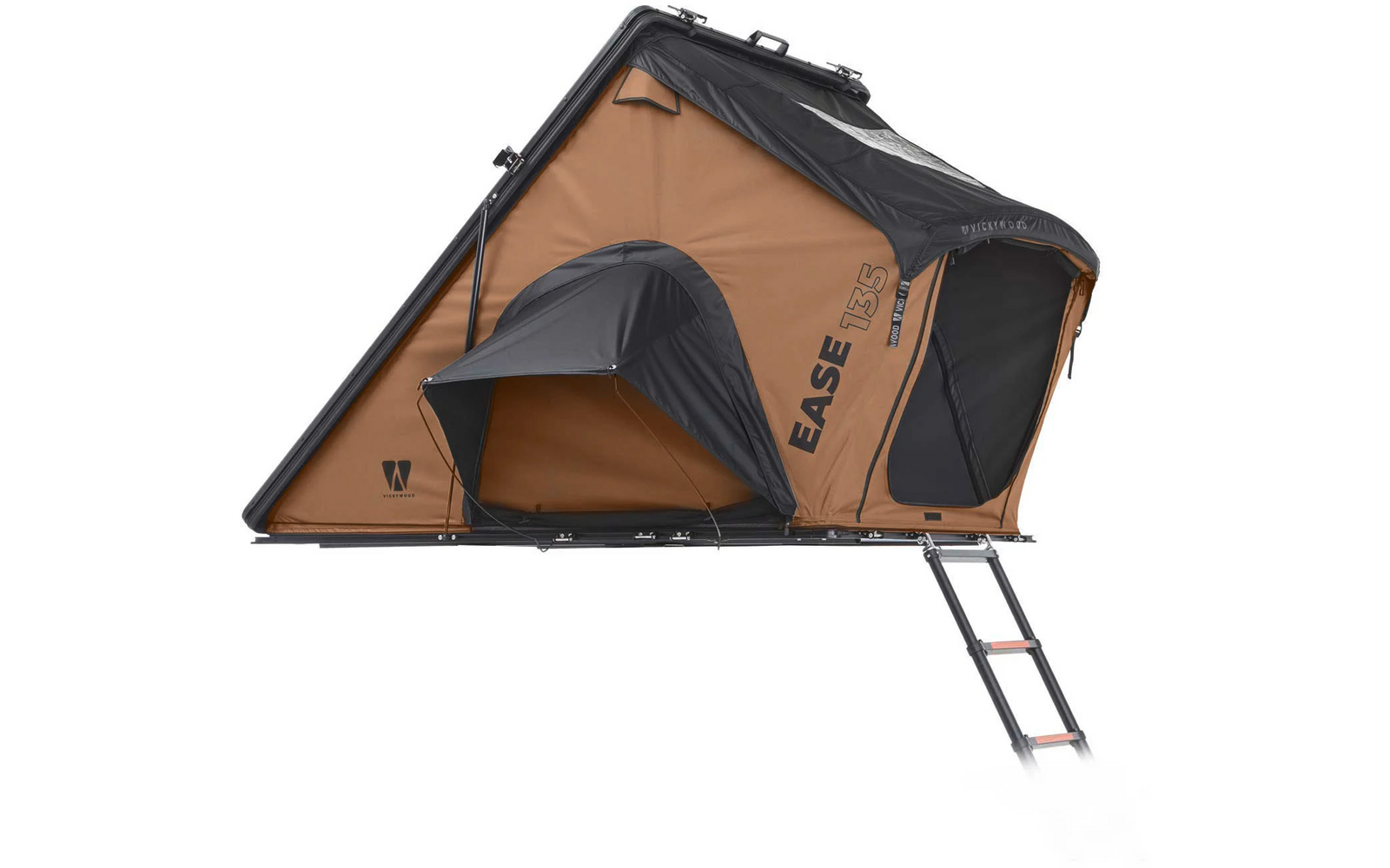 Aufgeklapptes braun-schwarzes Dachzelt auf flacher Grundplatte mit geöffnetem Eingang und ausgeklappter Leiter