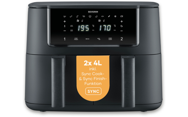 Dunkelgraues Gerät mit zwei vorderen Griffen, großem schwarzem Display mit leuchtenden Zahlen '195' und '170', Markenname 'SEVERIN' über dem Display und orangefarbener Aufkleber '2x 4L inkl. Sync Cook- & Sync Finish-Funktion SYNC' an der Vorderseite