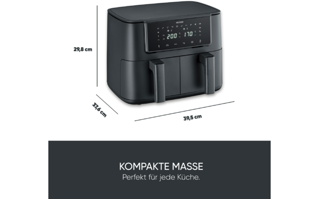 Schwarze Heißluftfritteuse mit digitalem Display (Anzeige '200' und '170'), zwei Schubladen mit Griffen, Maßangaben 29,8 cm, 37,6 cm, 39,5 cm; darunter der Schriftzug 'KOMPAKTE MASSE Perfekt für jede Küche.'