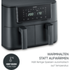 Schwarzes Gerät mit zwei Schubladen und Griffen, digitales Display zeigt 200 und 170, rechts Schriftzug WARMHALTEN STATT AUFWÄRMEN, unten links rundes Symbol mit Thermometer und Text KEEP WARM FUNCTION