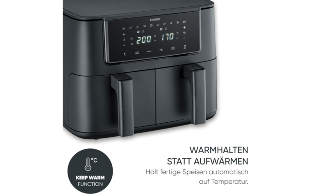 Schwarzes Gerät mit zwei Schubladen und Griffen, digitales Display zeigt 200 und 170, rechts Schriftzug WARMHALTEN STATT AUFWÄRMEN, unten links rundes Symbol mit Thermometer und Text KEEP WARM FUNCTION