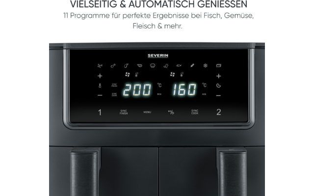 Schwarzes Bedienfeld mit Schriftzug SEVERIN, zwei digitalen Anzeigen 200 und 160 mit °C‑Symbolen, beleuchteten Symbolen und zwei Griffen darunter; oben der Text VIELSEITIG & AUTOMATISCH GENIESSEN und die Zeile 11 Programme für perfekte Ergebnisse bei