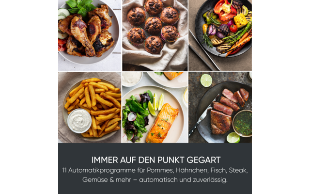 Collage aus sechs Fotos: Hähnchenschenkel auf einem Teller mit Kräutern; Schokoladenmuffins auf einem Tuch; buntes Ofengemüse in einer Pfanne; Pommes frites mit Dip in einer Schale; Lachsfilet mit Salat und Limette auf einem Teller; in Scheiben gesch