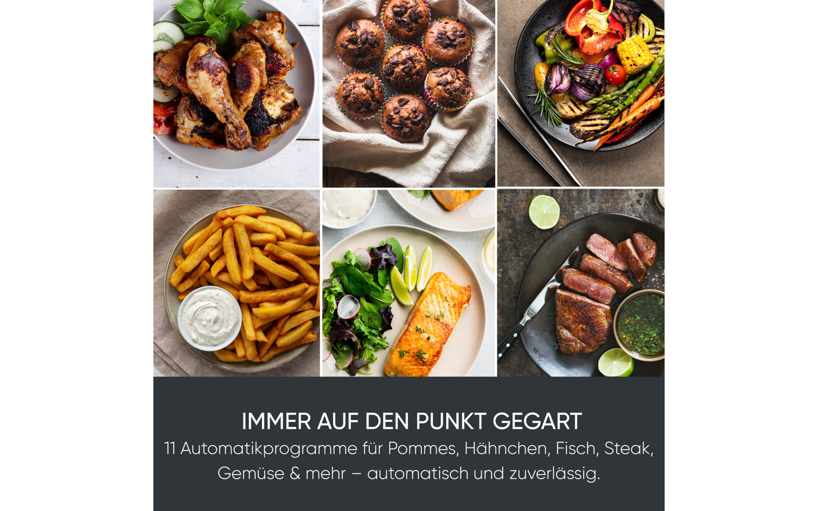 Collage aus sechs Fotos: Hähnchenschenkel auf einem Teller mit Kräutern; Schokoladenmuffins auf einem Tuch; buntes Ofengemüse in einer Pfanne; Pommes frites mit Dip in einer Schale; Lachsfilet mit Salat und Limette auf einem Teller; in Scheiben gesch