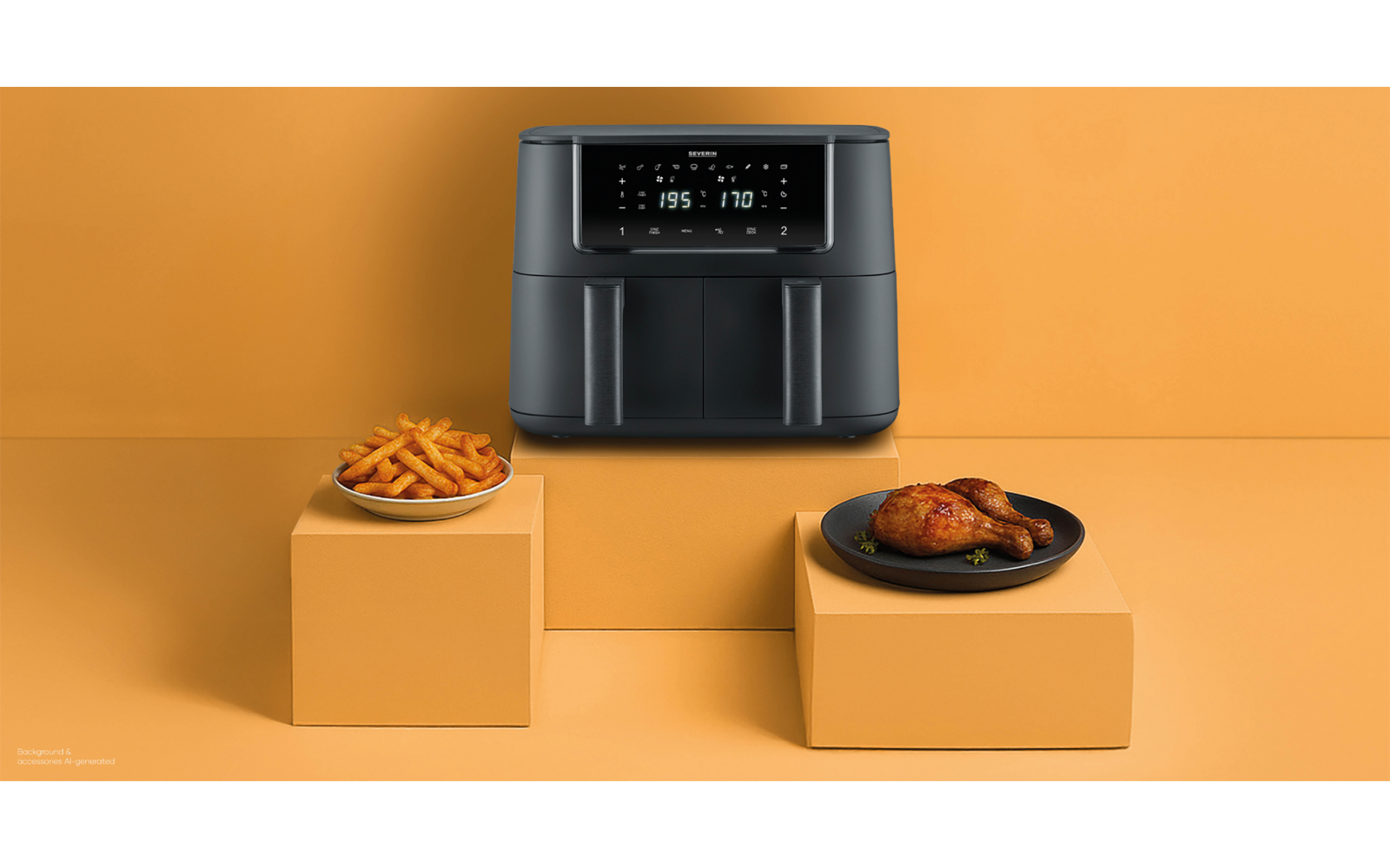 Dunkles, quadratisches Küchen­gerät mit digitalem Display auf orangefarbenem Hintergrund; links eine Schüssel Pommes, rechts ein Teller mit gebratenen Hähnchenteilen