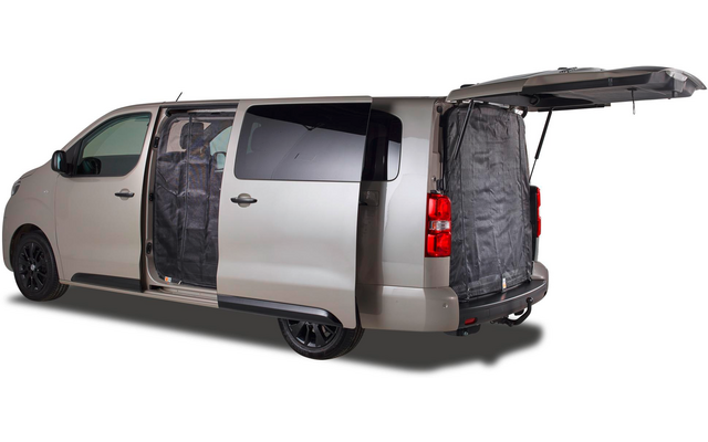 Seitenansicht eines silbernen Vans mit geöffneten Türen, durch die schwarze Abdeckungen sichtbar sind