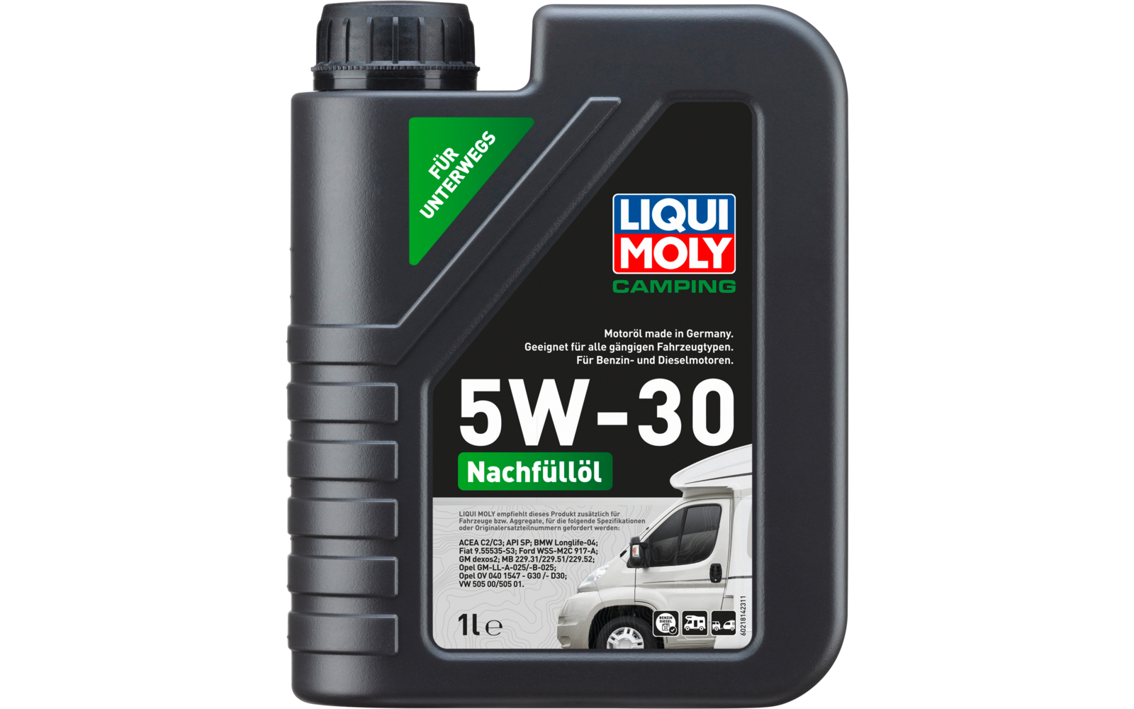 Schwarzer 1-Liter-Kanister mit Liqui Moly Camping 5W-30 Nachfüllöl, mit Bild eines Wohnmobils