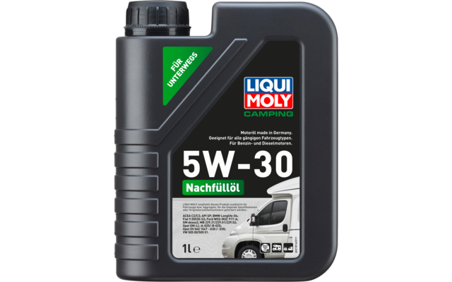 Schwarzer 1-Liter-Kanister mit Liqui Moly Camping 5W-30 Nachfüllöl, mit Bild eines Wohnmobils