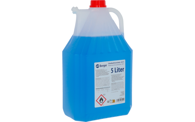 Kunststoffkanister mit blauem Flüssigkeitsreiniger, 5 Liter, mit rotem Verschluss