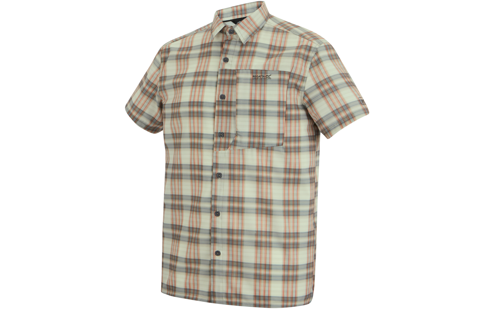 Kurzärmeliges, beige-grün-orange kariertes Hemd mit Kragen, Knopfleiste und Brusttasche