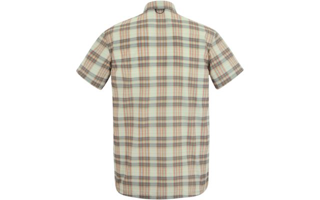 Rückenansicht eines kurzärmligen karierten Hemds in Beige mit grünen und orangefarbenen Streifen