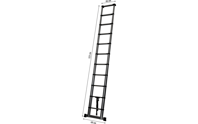 Schwarze Leiter mit mehreren Sprossen, Messpfeilen und Beschriftungen: Höhe 323 cm, obere Breite 46 cm, untere Breite 68 cm, auf weißem Hintergrund