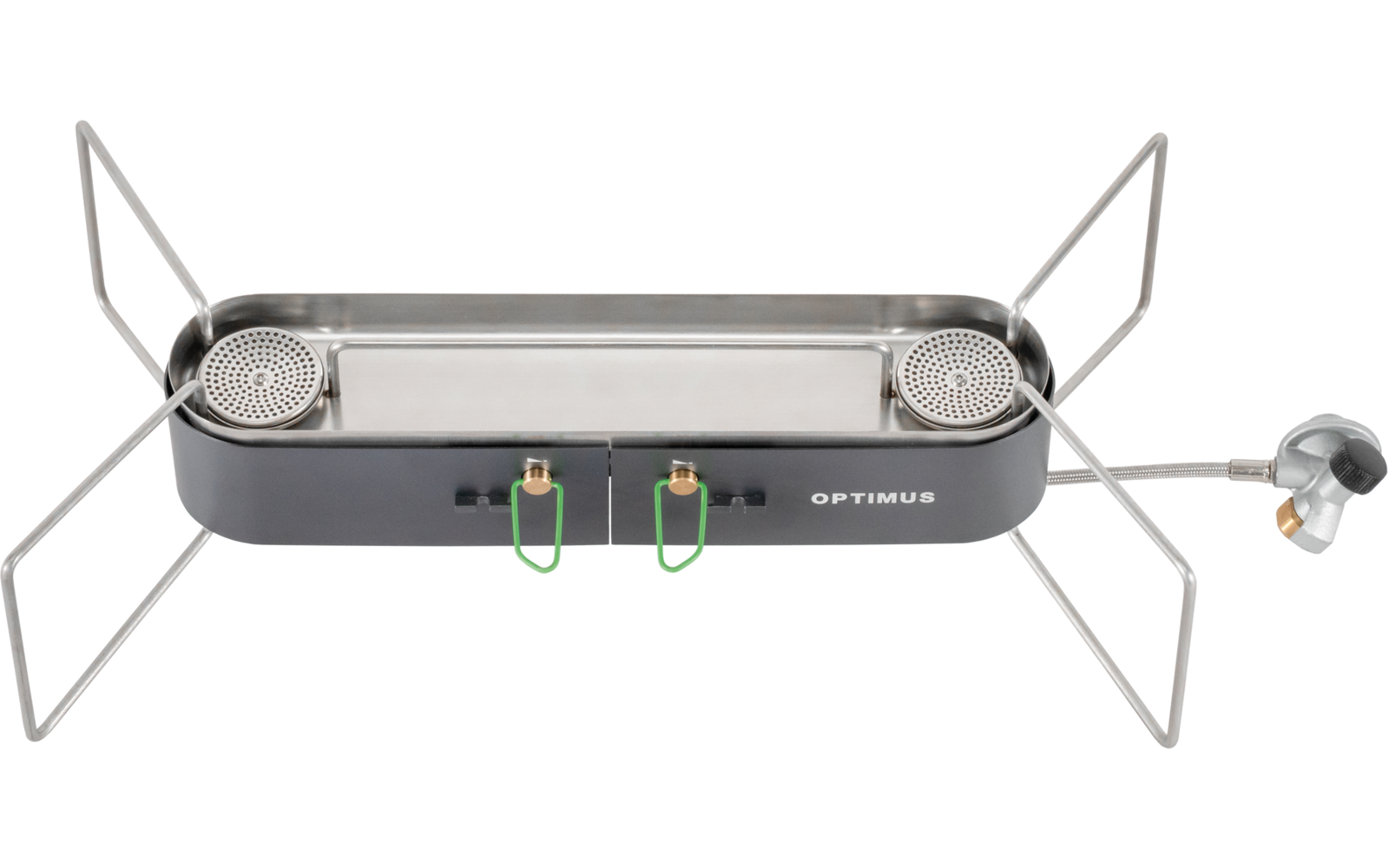Schwarzer rechteckiger Gaskocher mit zwei runden Brennern, aufklappbaren Drahtgestellen, zwei grünen Zündkabeln, Gasanschluss rechts und Schriftzug OPTIMUS vorne