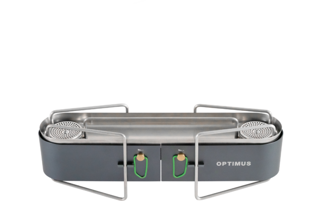 Graues rechteckiges Gerät mit zwei runden Brennern, zwei grünen Reglern, klappbaren Metallstützen und Schriftzug 'OPTIMUS'