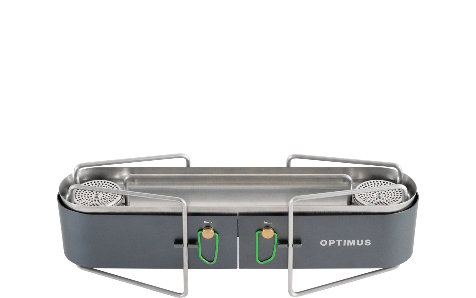Graues rechteckiges Gerät mit zwei runden Brennern, zwei grünen Reglern, klappbaren Metallstützen und Schriftzug 'OPTIMUS'