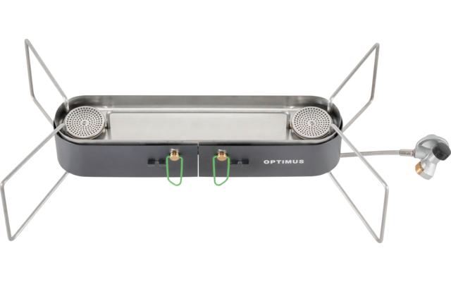 Black rectangular gas stove with two round burners, fold-out wire supports, two green ignition wires, gas connector on the right and OPTIMUS logo on the front