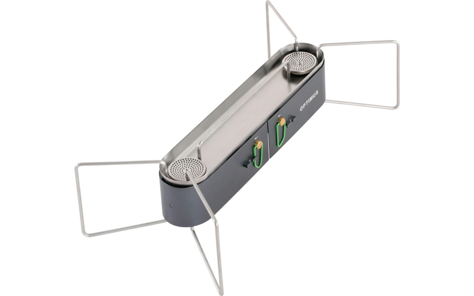 Dark gray rectangular metal case with two round perforated metal discs on top, two green sliding switches on the side, and four fold-out wire legs