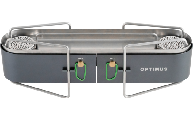 Gray rectangular device with two circular burners, two green control knobs, foldable metal supports and 'OPTIMUS' text