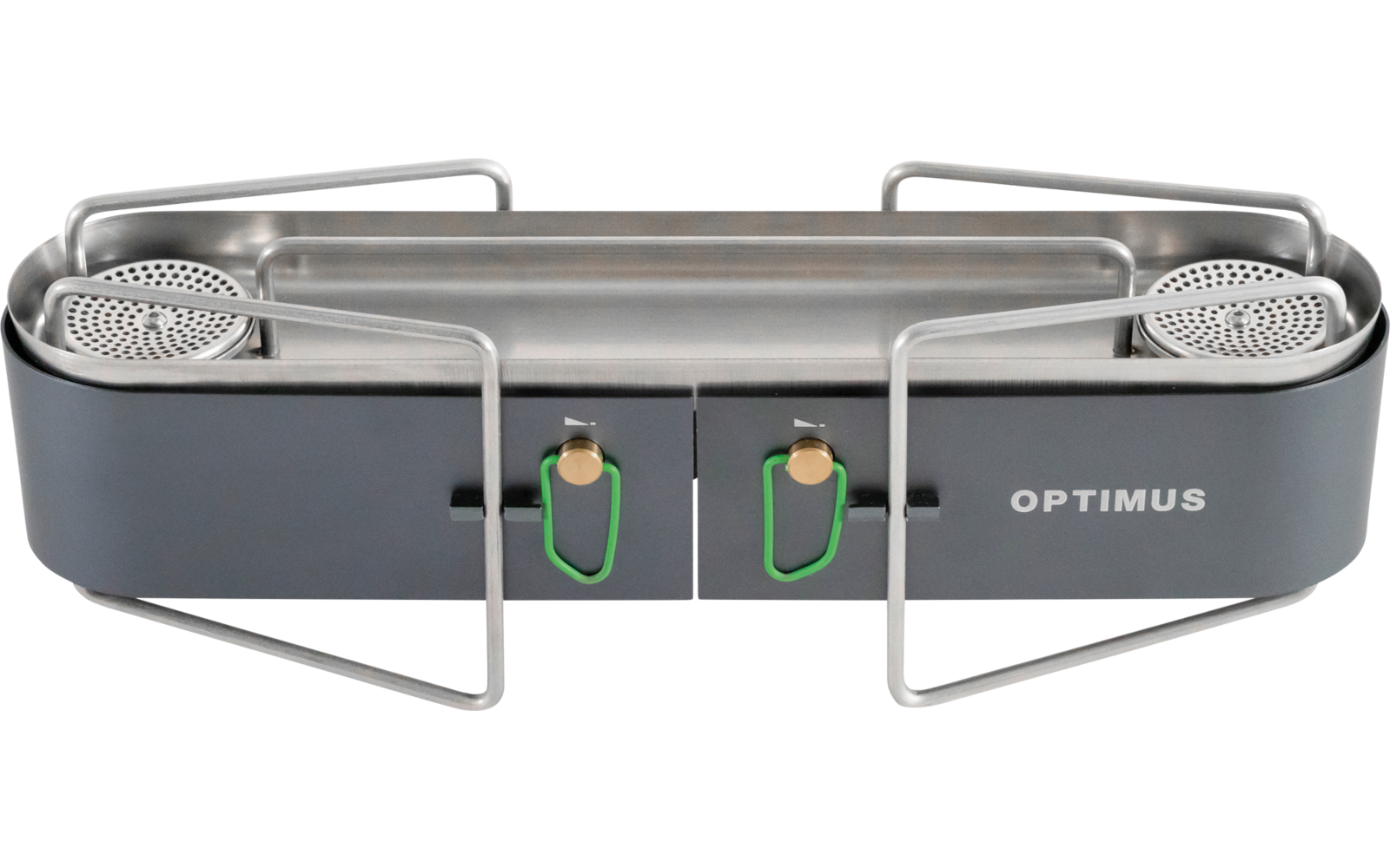 Gray rectangular device with two circular burners, two green control knobs, foldable metal supports and 'OPTIMUS' text