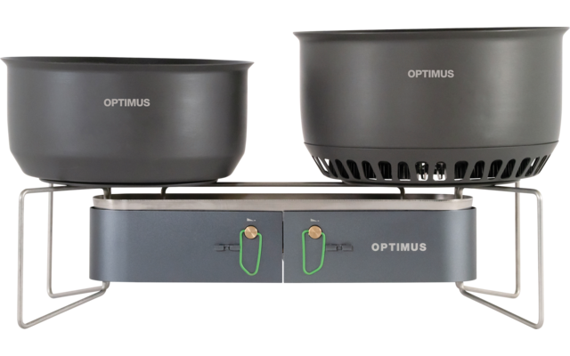 Two dark gray pots labeled "OPTIMUS" on a rectangular gray device with two green knobs and metal wire supports