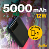 Zwart draagbaar oplader met tekst 5000 mAh 12W en een gele sticker met een zwart batterij symbool en tekst 'Gebruik 1 keer'