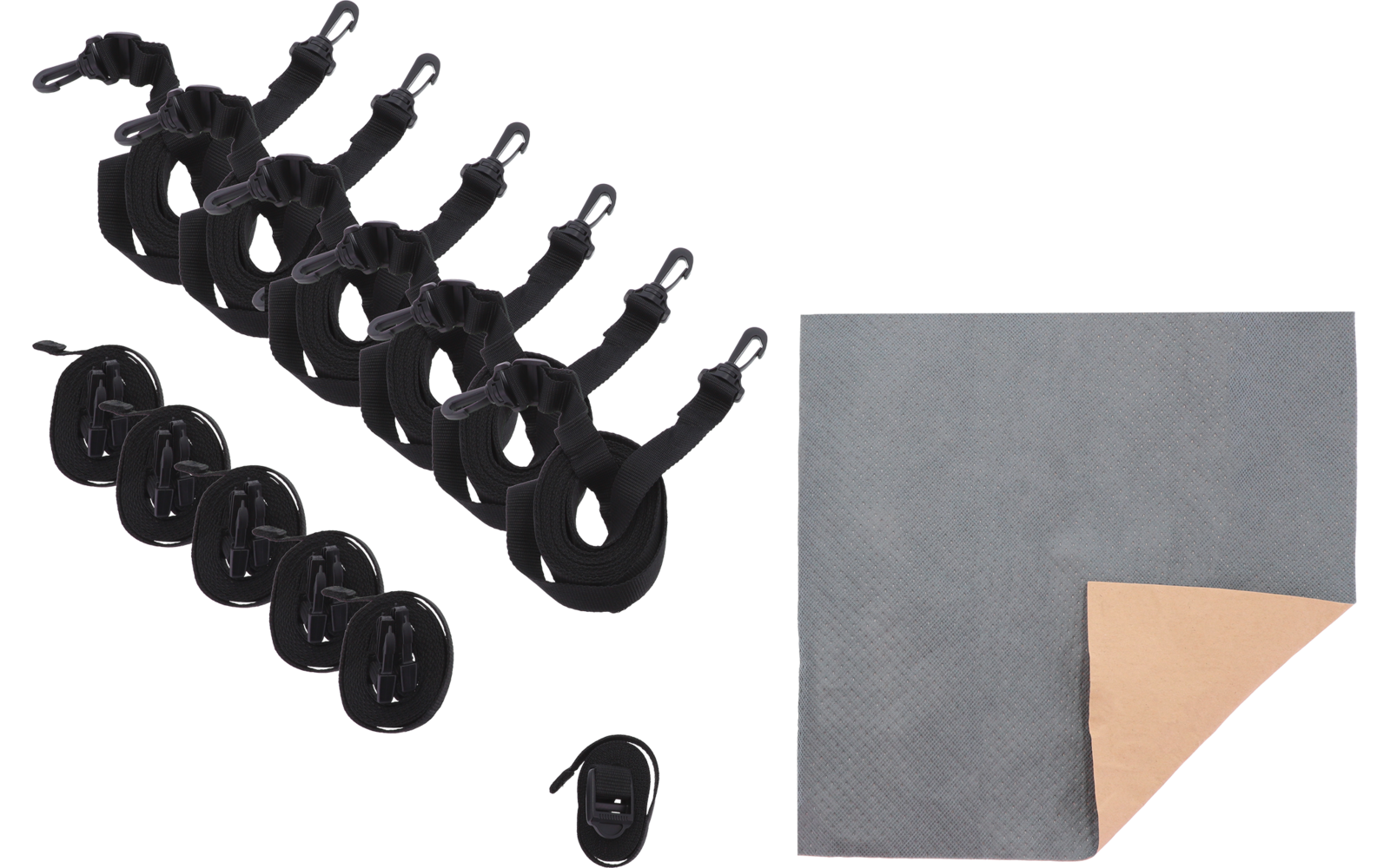 Varios clips de plástico negros con bases redondas y pequeñas clavijas metálicas en dos filas a la izquierda; a la derecha una lámina rectangular gris con una esquina marrón doblada