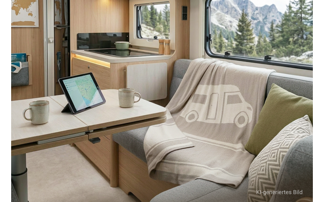 Interieur van een camper: tafel met een tablet met kaart, twee mokken, bank met een deken met campersymbool, kussens, kitchenette en raam met uitzicht op bergen en bos