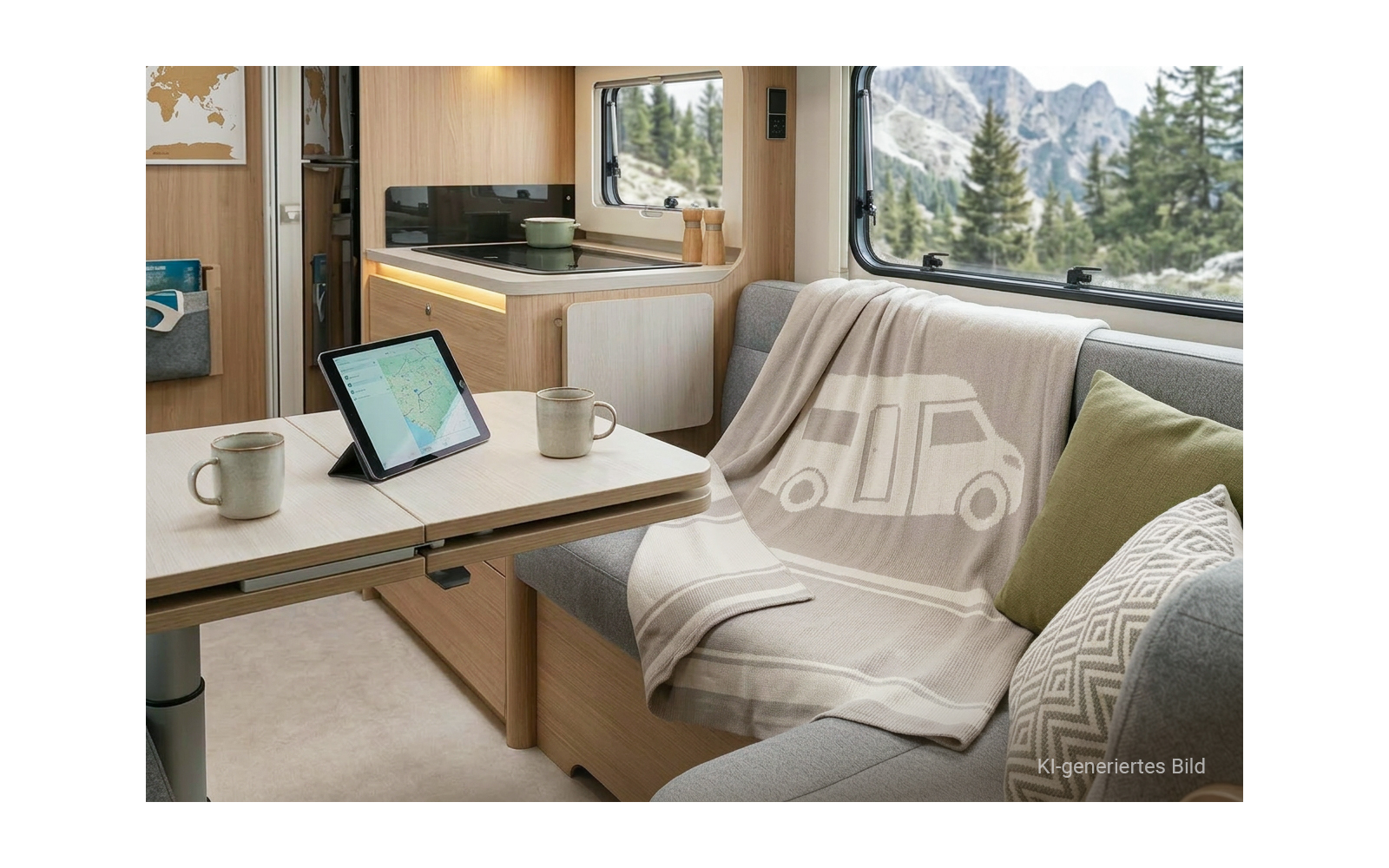 Interieur van een camper: tafel met een tablet met kaart, twee mokken, bank met een deken met campersymbool, kussens, kitchenette en raam met uitzicht op bergen en bos