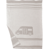 Beige-witte gestreepte deken met een camper-silhouet in het midden; één hoek omgeslagen, achterkant zichtbaar