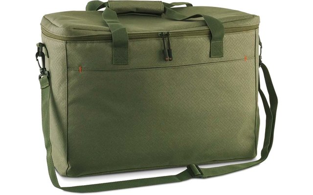 Bolsa rectangular de tela color verde oliva con cremallera superior, dos asas, correa de hombro ajustable y superficie frontal texturizada