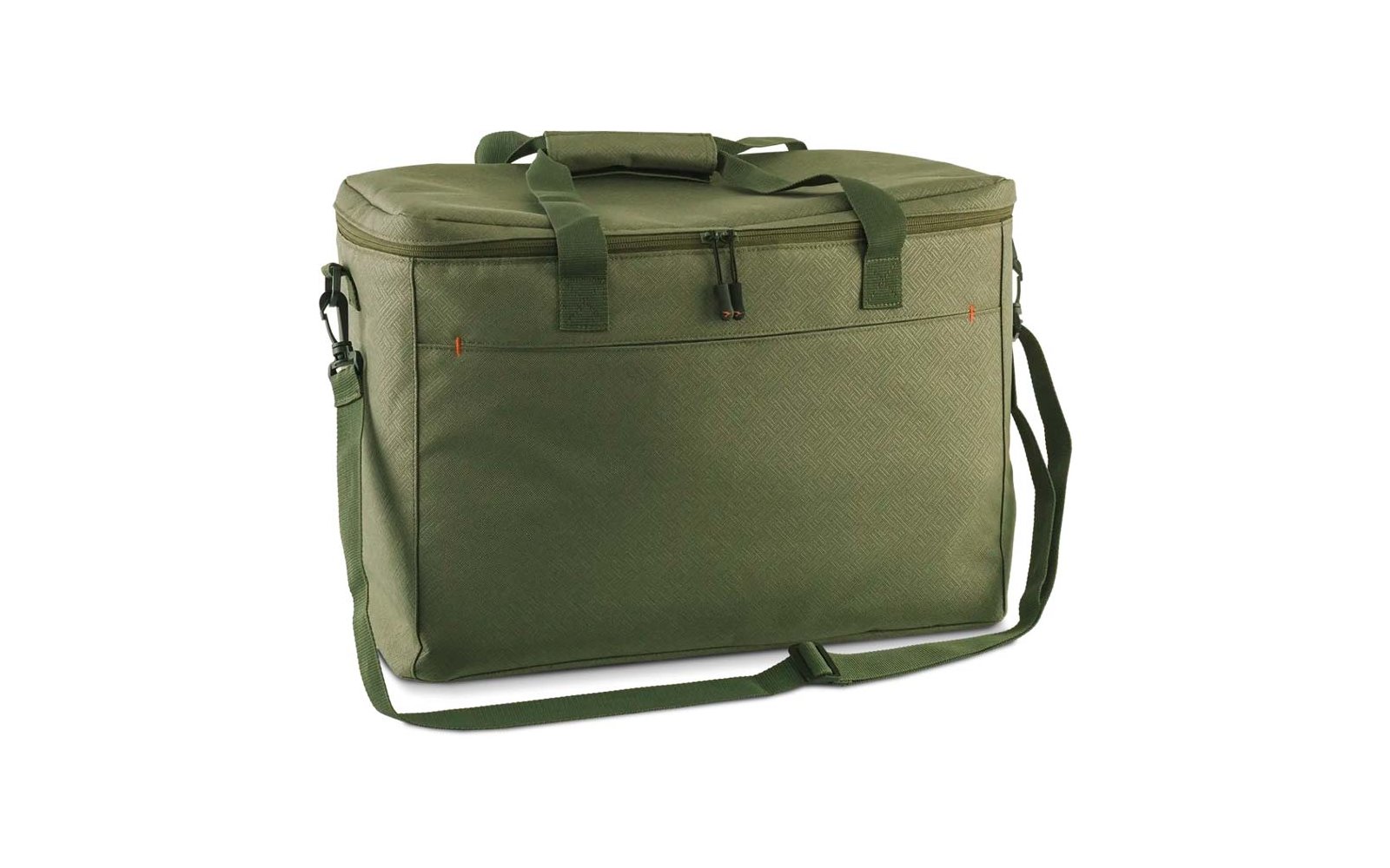 Bolsa rectangular de tela color verde oliva con cremallera superior, dos asas, correa de hombro ajustable y superficie frontal texturizada