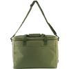 Bolsa rectangular de tela color verde oliva con cremallera superior, bolsillo frontal, dos asas con cierre de velcro y correa de hombro ajustable sobre fondo blanco