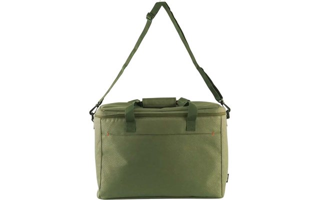 Bolsa rectangular de tela color verde oliva con cremallera superior, bolsillo frontal, dos asas con cierre de velcro y correa de hombro ajustable sobre fondo blanco