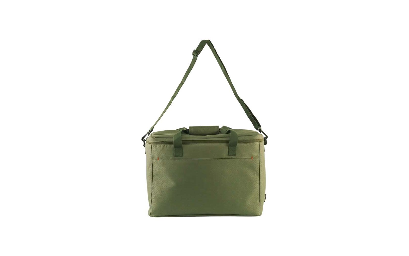 Bolsa rectangular de tela color verde oliva con cremallera superior, bolsillo frontal, dos asas con cierre de velcro y correa de hombro ajustable sobre fondo blanco