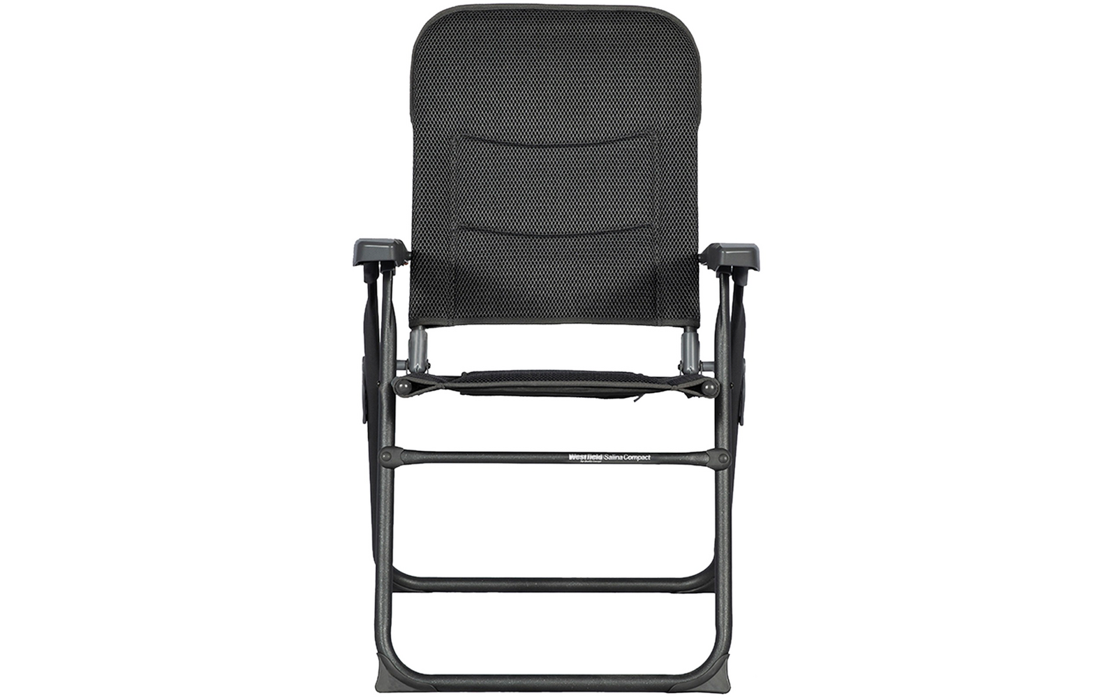 Silla plegable negra con respaldo acolchado y reposabrazos