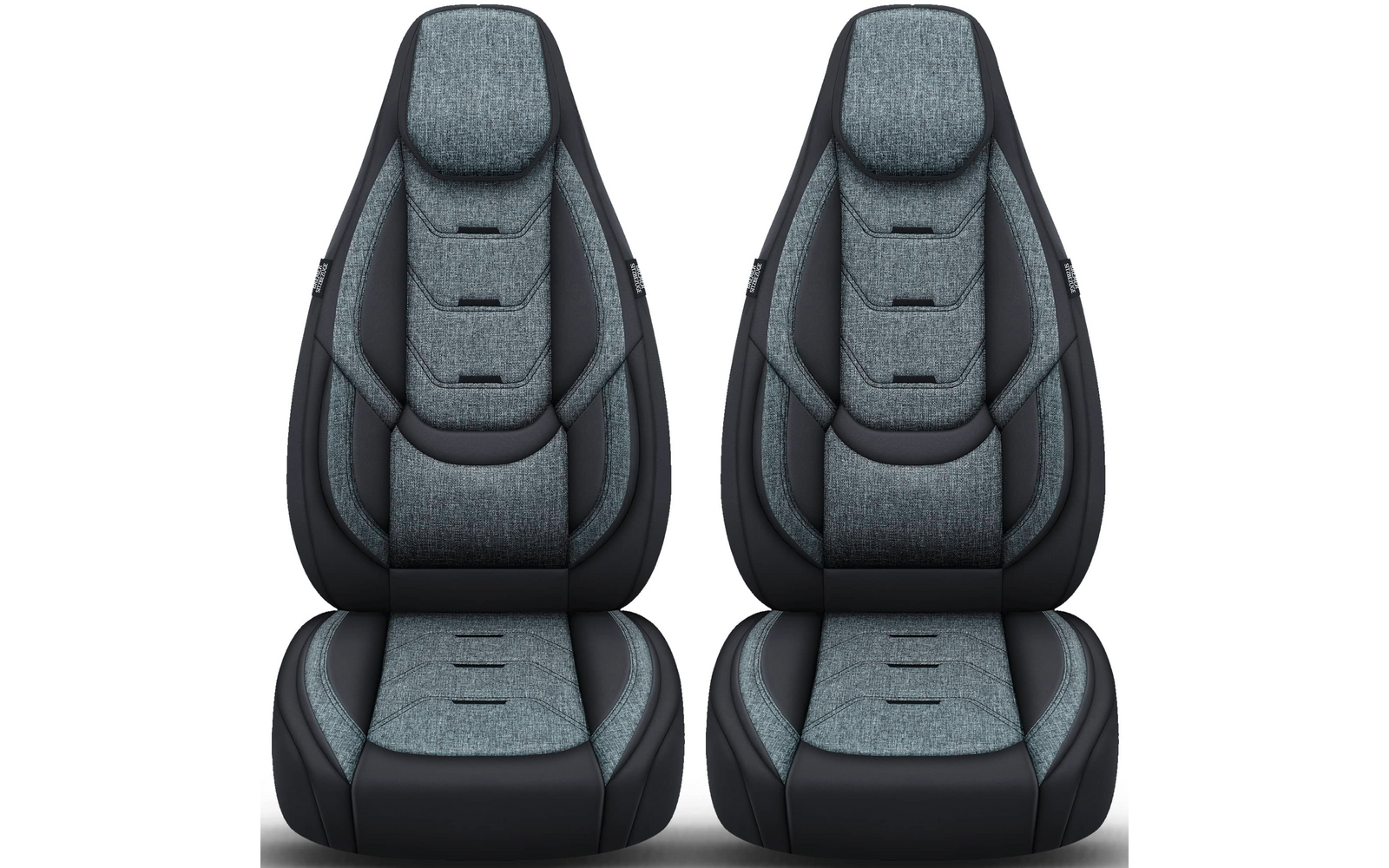 Zwei nebeneinander stehende Auto-Vordersitze in grauem Stoff mit schwarzen Lederakzenten und integrierten Kopfstützen vor weißem Hintergrund