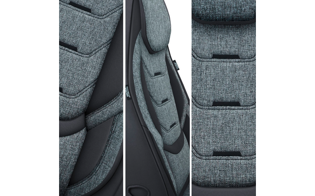 Drei nebeneinander angeordnete vertikale Nahaufnahmen eines grauen, strukturierten Polsterstoffs mit schwarzen Kanten, Nähten und rechteckigen Schlitzöffnungen