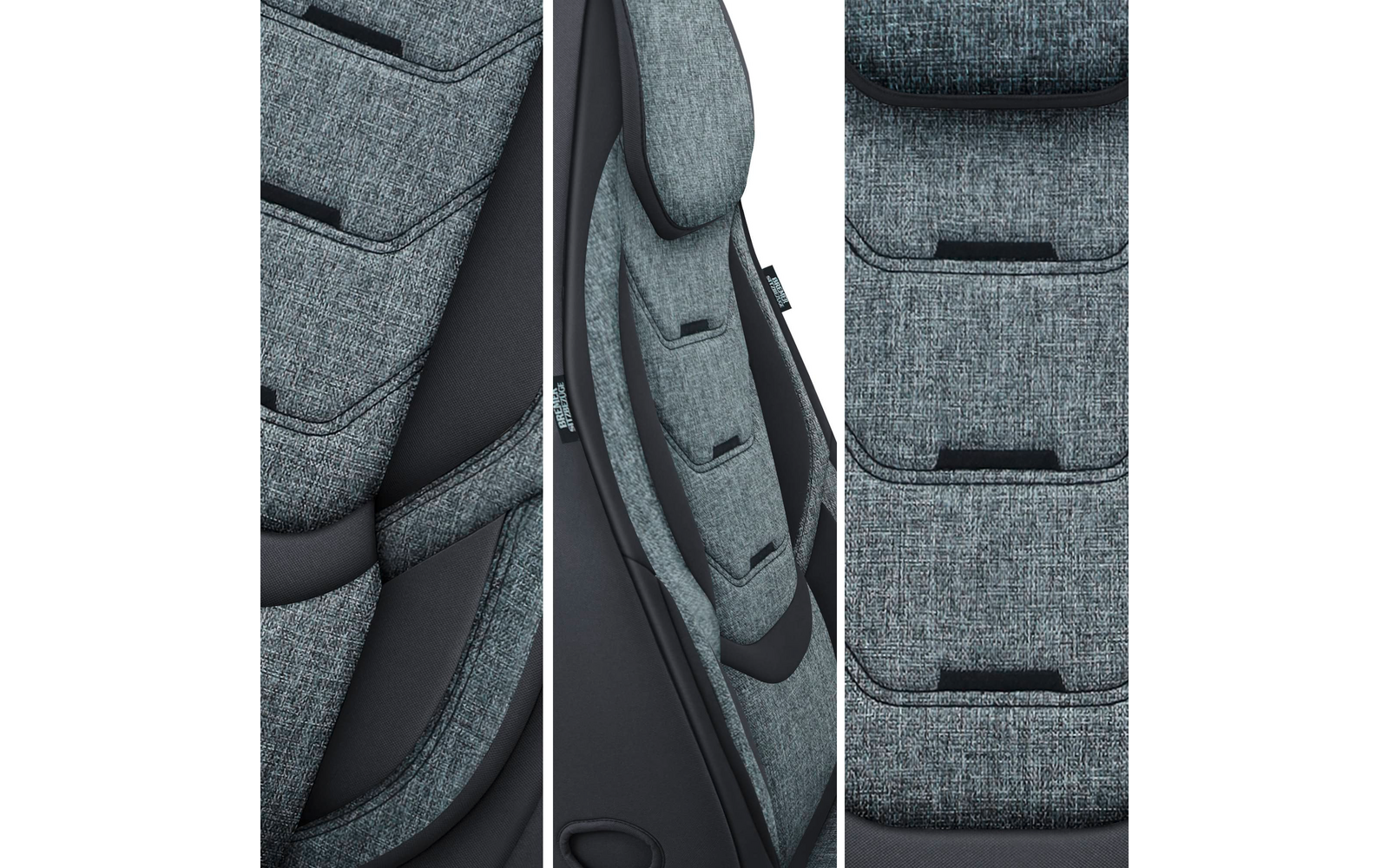 Drei nebeneinander angeordnete vertikale Nahaufnahmen eines grauen, strukturierten Polsterstoffs mit schwarzen Kanten, Nähten und rechteckigen Schlitzöffnungen