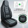 Ein Autositz mit grau-meliertem Bezug und dunklen Seiten, eingeblendetes Piktogramm zweier Sitze mit grünem Plus, Schriftzug 'SITZBEZUG SET FAHRER UND BEIFAHRER' mit englischer Unterzeile 'Seat Cover Set Driver and Passenger' und runder Aufkleber 'Rü