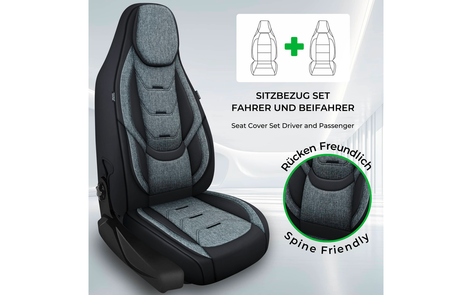 Ein Autositz mit grau-meliertem Bezug und dunklen Seiten, eingeblendetes Piktogramm zweier Sitze mit grünem Plus, Schriftzug 'SITZBEZUG SET FAHRER UND BEIFAHRER' mit englischer Unterzeile 'Seat Cover Set Driver and Passenger' und runder Aufkleber 'Rü