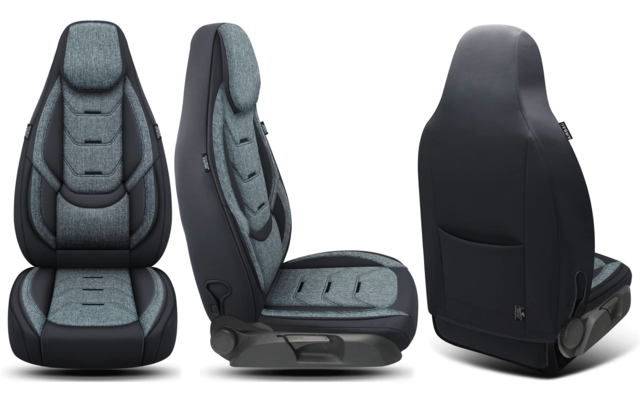 Drei Ansichten eines Autositzes vor weißem Hintergrund: Vorderansicht, Seitenansicht und Rückansicht; hellgraue gepolsterte Sitz- und Rückenflächen mit dunklem Außenbezug, integrierte Kopfstütze, Sitzschiene und Verstellhebel unten, Einschubtasche au