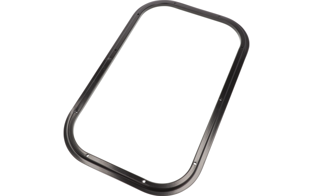 Dunkler, abgerundeter rechteckiger Metallrahmen mit mehreren Schraublöchern auf weißem Hintergrund