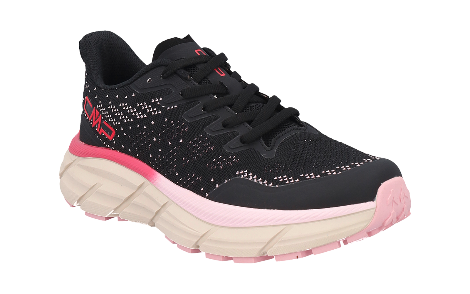 Schwarzer Sneaker mit pinken Details, hellbeiger dicker Sohle und Schnürsenkeln