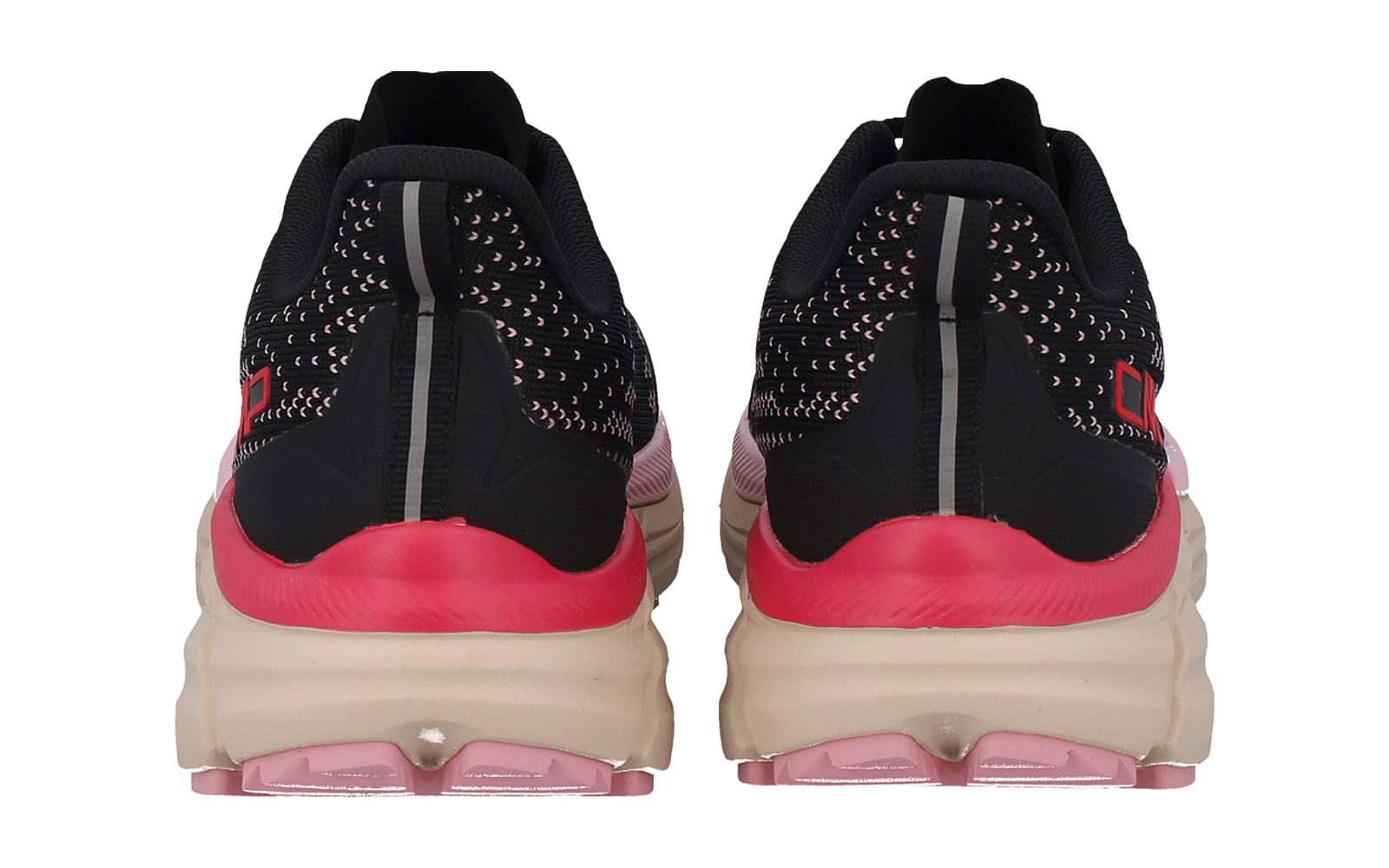 Zwei schwarze Sportschuhe von hinten mit rosa Akzenten, beiger Zwischensohle und rosa Laufsohle