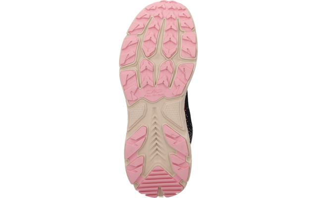 Unterseite einer Schuhsohle mit rosa Profil und hellbeigen Elementen, isoliert auf weißem Hintergrund