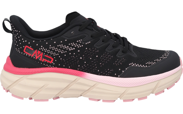 Schwarzer Sportschuh mit rosa Sprenkeln, rosa Akzent an der Zwischensohle, heller profilierter Außensohle und rosa CMP‑Logo an der Seite