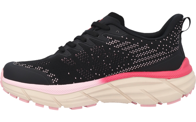 Schwarzer Sportschuh seitlich, schwarzes Obermaterial mit rosa Sprenkeln, schwarze Schnürsenkel, rosa Absatz- und Mittelsohlenakzent, dicke beige Laufsohle
