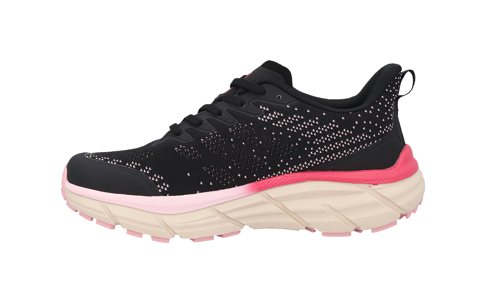 Schwarzer Sportschuh seitlich, schwarzes Obermaterial mit rosa Sprenkeln, schwarze Schnürsenkel, rosa Absatz- und Mittelsohlenakzent, dicke beige Laufsohle