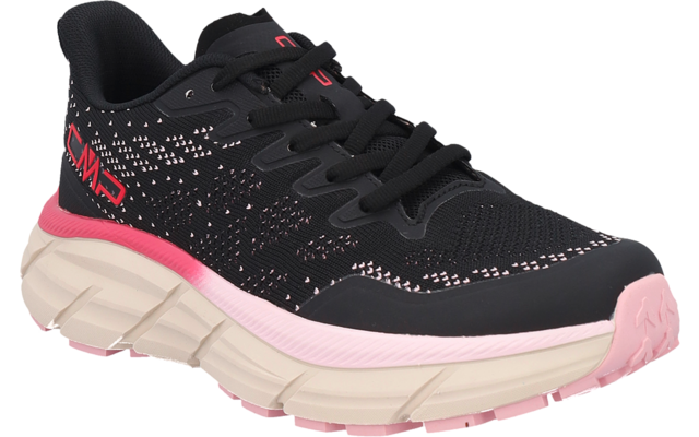 Schwarzer Sneaker mit pinken Details, hellbeiger dicker Sohle und Schnürsenkeln